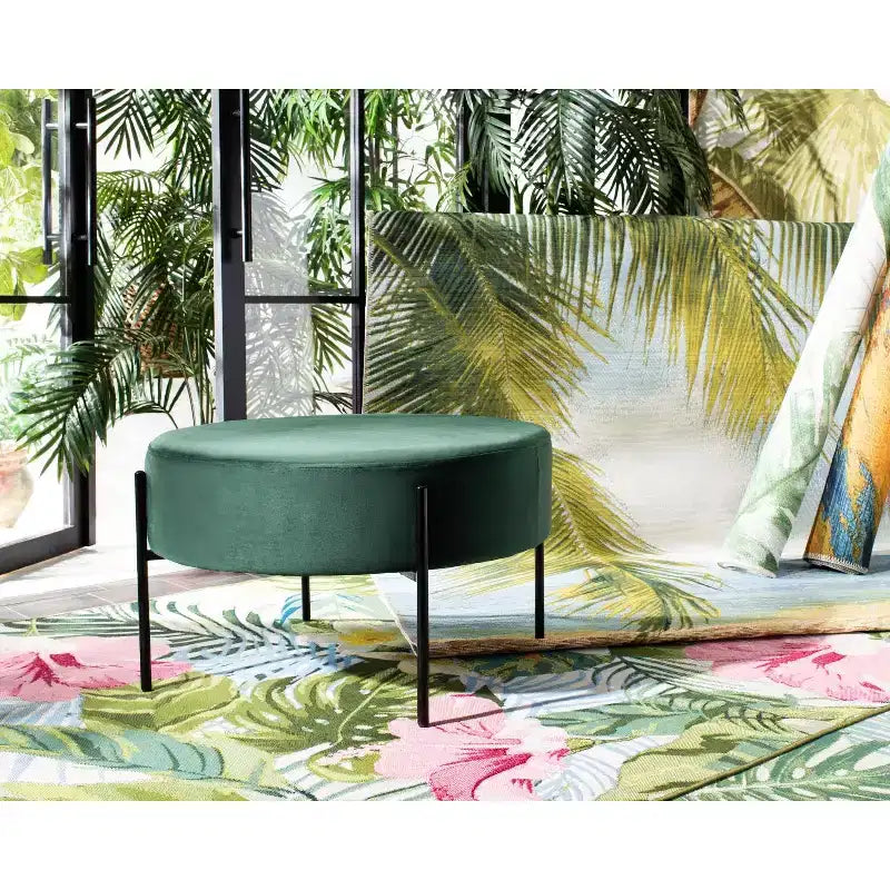 Pouf rotondo da cocktail, rivestito in velluto con gambe in metallo, 80 cm, verde malachite