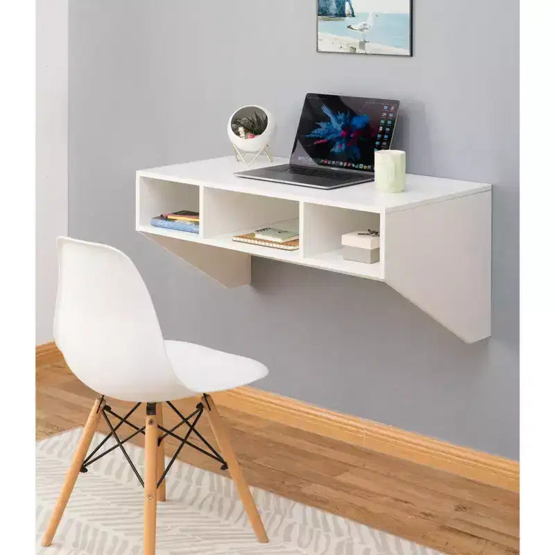 Scrivania da ufficio a parete con credenza pensile, postazione di lavoro salvaspazio