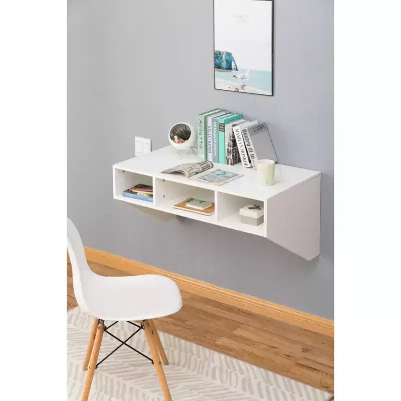 Scrivania da ufficio a parete con credenza pensile, postazione di lavoro salvaspazio