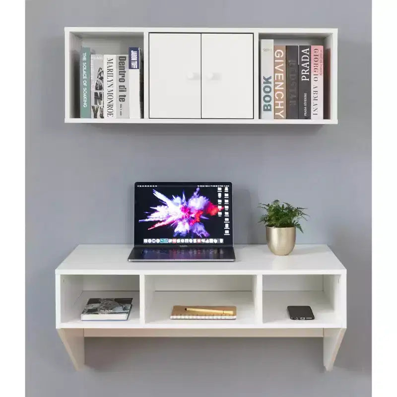 Scrivania da ufficio a parete con credenza pensile, postazione di lavoro salvaspazio