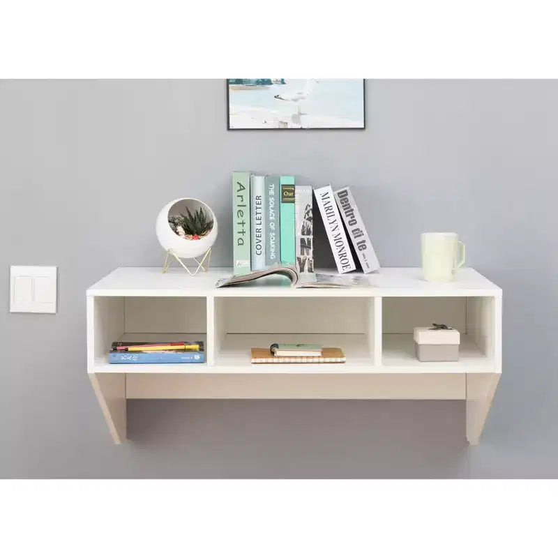 Scrivania da ufficio a parete con credenza pensile, postazione di lavoro salvaspazio