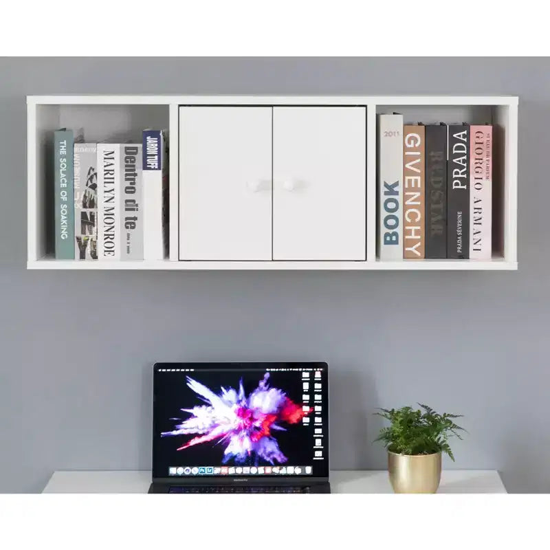 Scrivania da ufficio a parete con credenza pensile, postazione di lavoro salvaspazio