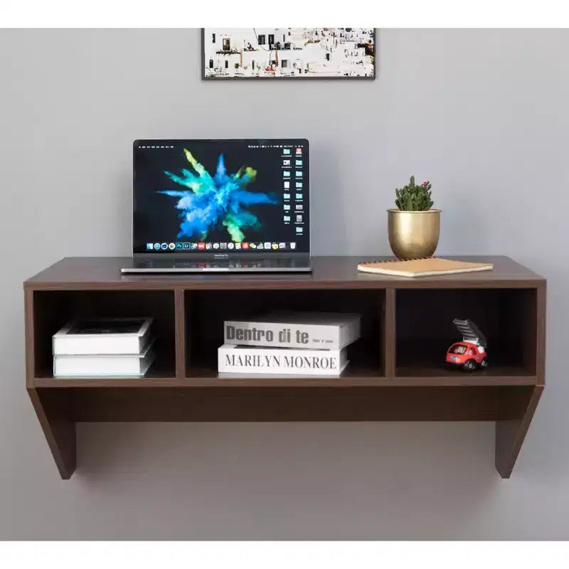 Scrivania da ufficio a parete con credenza pensile, postazione di lavoro salvaspazio