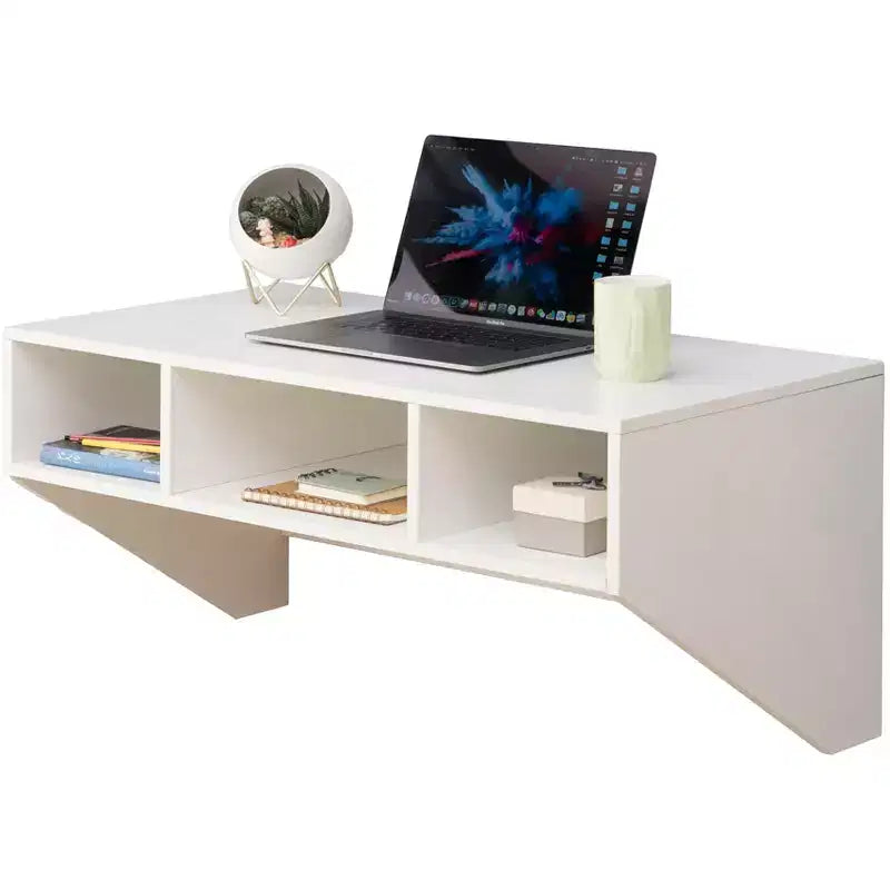 Scrivania da ufficio a parete con credenza pensile, postazione di lavoro salvaspazio